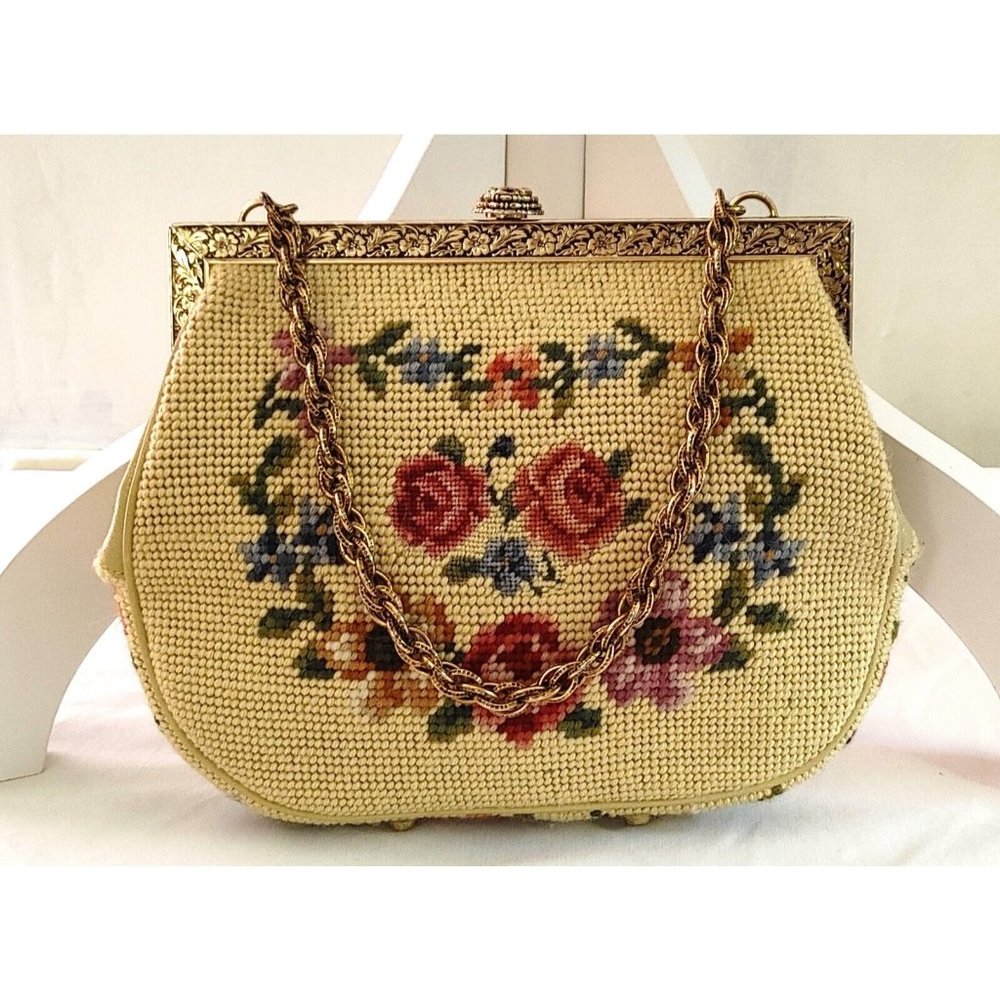 Vintage 60's Needlepoint Floral Embroidered Tapestry Purse Handbag Clutch MCM